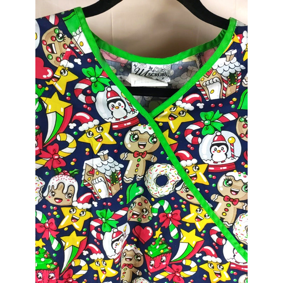 V A Scrubs Women's Scrub Top Size Small Christmas Gingerbread Men Penquin Candy - Picture 2 of 6